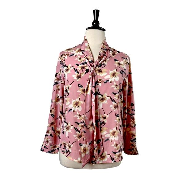 Shein Curve Blouse Tie Neck Long Sleeves Pink Multi Floral Top Women’s Size 0X - Picture 1 of 13